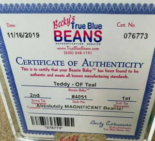 RARE Authenticated TY 2nd gen OLD FACE TEAL TEDDY Beanie Baby 3