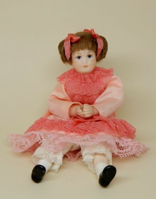 Vintage Porcelain Victorian Little Girl In Pink Artisan Dollhouse Miniature 1:12