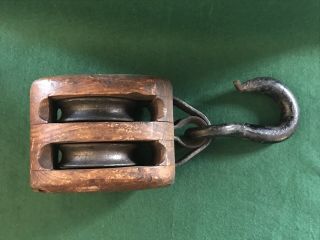 From Lyric Theater Balt.  Antique Vintage Cast Iron Wood Pulley Block And Tackle