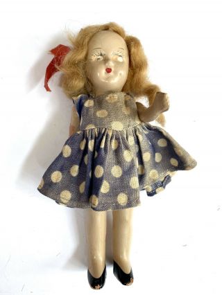 Vtg Small Antique Composition Baby Doll 8” Red Hair Wooden Hand Painted Dress