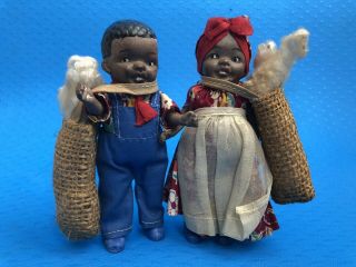 2 African American Black Americana Bisque Doll Cotton Picking Japan Antique Vint