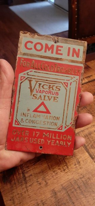 Rare Antique Vicks Vaporub Salve Enamel Advertising Push Sign