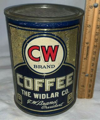 Antique Cw Brand Coffee Tin Litho 1lb Tall Can Widlar Co Country Store Grocery