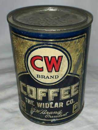 ANTIQUE CW BRAND COFFEE TIN LITHO 1LB TALL CAN WIDLAR CO COUNTRY STORE GROCERY 3