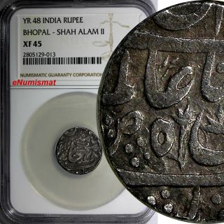 India Princely States Bhopal.  Shah Alam Ii Silver Year 48 Rupee Ngc Xf45 Rare
