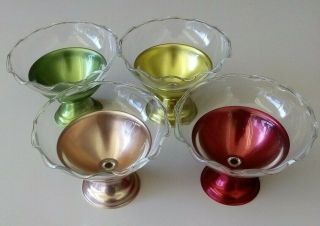 RARE RETRO ALUMINIUM ANODISED FRUIT,  ICECREAM DISHES with GLASS INSERTS 2