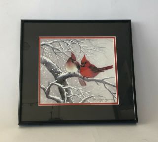 Cardinals In Love Birds Watercolor On Silk Print W/certificate 8 " X 9 " Framed C1
