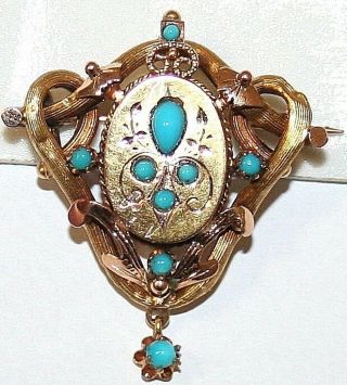 Rare Antique Art Nouveau French 18k Rose Gold Turquoise Hand Made Brooch C1895