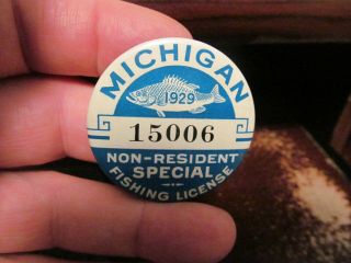 1929 Michigan Fishing License Button,  Rare Non - Resident Special Fishing License