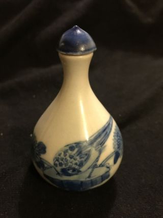 Vintage Chinese Blue & White Snuff Bottle With Bird & Flowers (1)