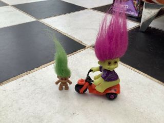 Vintage Russ Troll On A Tricycle Pink Hair Small 3”x3” Pencil Topper Green Hair