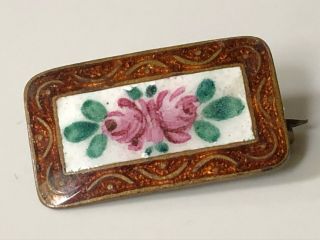 Antique Vintage Victorian Rectangular Hand Painted Rose Enamel Brooch Pin