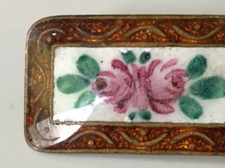 Antique vintage Victorian rectangular hand painted rose enamel brooch pin 2