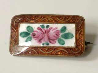 Antique vintage Victorian rectangular hand painted rose enamel brooch pin 3