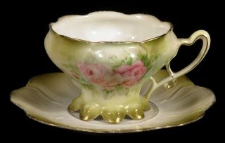 1890 - 1910 Antique Rs Prussia Footed Cup & Saucer Pink Roses Porcelain China