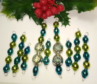 Mercury Glass Bead Icicle 7 Christmas Ornaments Double Indent Blue Green Feather
