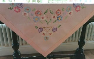 Pretty Vintage Pink Table Cloth Hand Embroidered 33 " X 31 "
