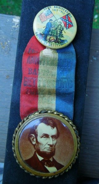 Rare 1863 - 1913 Gettysburg 50th Anniversary Abraham Lincoln Button Medal W/ribbon