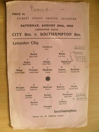 Rare 1955/56 Season Leicester City Res V Southampton Res 20th August 1956