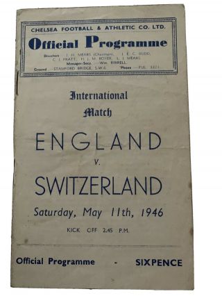 International Friendly - England V Switzerland - 11th May 1946.  Rare