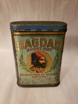 Antique Bagdad Short Cut Vertical Pocket Tobacco Tin Can Vintage 3 3/4”