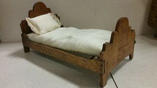Antique Primitive Doll House Miniature Victorian Bed Early Wood Bedding Pillow
