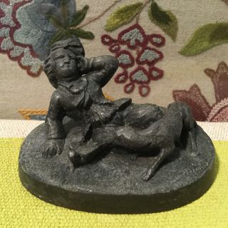 Antique Victorian Spelter Figure.  Reclining Boy With Dog And Bird.