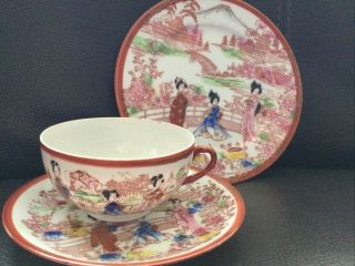 Japanese Meiji Period Porcelain Trio Tea Cup Saucer Plate Lithophane