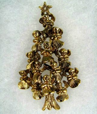 Vintage Christmas Angels Tree Brooch Pin Antiqued Gold Tone
