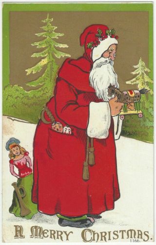 Christmas - Long Red Robe Santa Claus With Big Sack Of Toys Antique Postcard - - B77