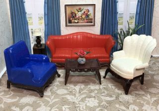 Renwal 6 Pc Living Room Set Vintage Tin Dollhouse Furniture Ideal Plastic 1:16