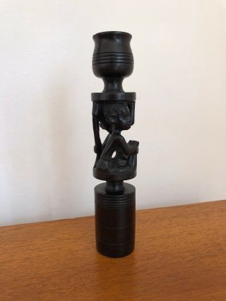 Vintage African Ethnic Hand Carved Wooden Figural Candlestick