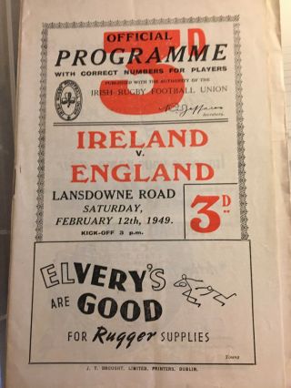 Ireland V England 1949 Rugby Programme In Dublin Rare
