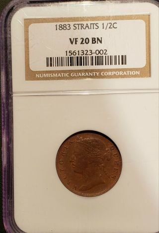 1883 Straits Settlements 1/2 Cent Coin Ngc Au55bn Km - 8 Rare Key Date