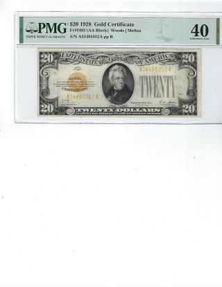 1928 $20 Gold Certificate Fr2402 Pmg 40 Xf Woods/mellon,  Rare Find