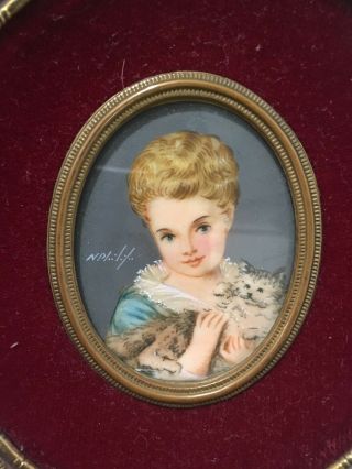 Antique 19th Century French Miniature Painting Signed By Artist Young Girl & Cat