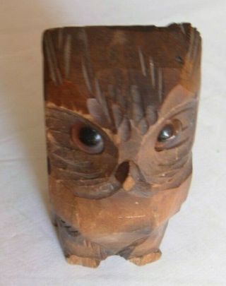 Wooden Owl Treen Desk Tidy / Container For Pencils Or Spills 5 " Tall