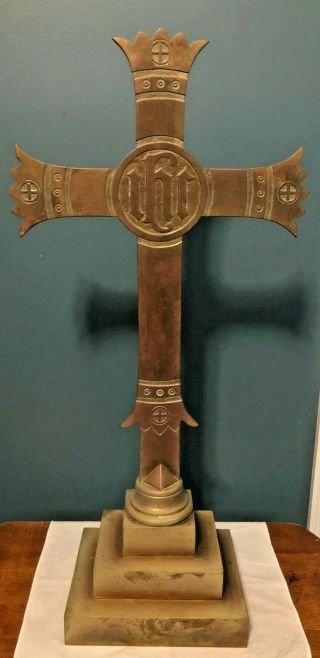 Glorious Rare Large Antique Catholic Church Altar Standing Cross W/ Ihs