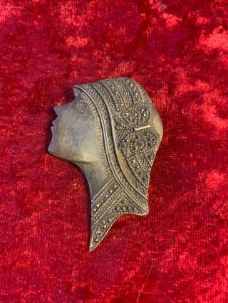Antique Art Nouveau Sterling Silver Repousse Lady Brooch Pin Pendant 925