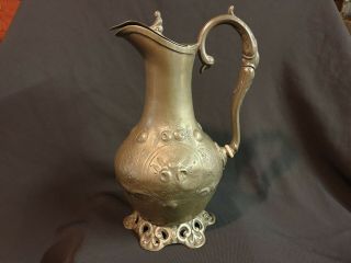 Antique Art Nouveau Lidded Pewter Jug / Pitcher,  10.  5 Inches Tall