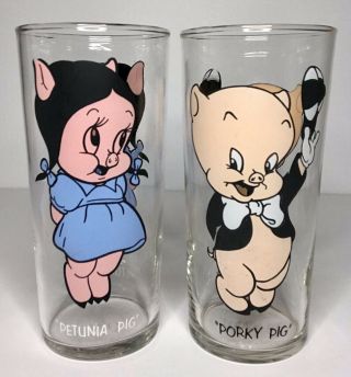 Vintage Pepsi Collector Series Glass Set,  Porky & Petunia Pig,  Warner Bros,  1973