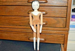 Vintage Wooden Penny Peg Doll Hand Carved Hand Painted Antique Primitive 11 1/2 "