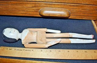 Vintage Wooden Penny Peg Doll Hand Carved Hand Painted Antique Primitive 11 1/2 