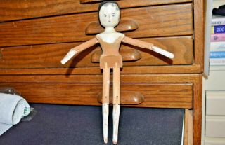 Vintage Wooden Penny Peg Doll Hand Carved Hand Painted Antique Primitive 11 1/2 