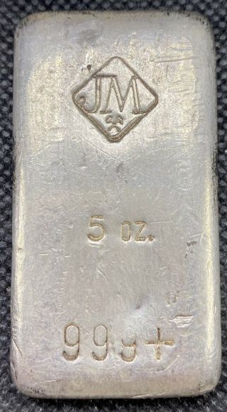 Johnson Matthey • 5 Oz Silver Bar.  999,  Fine • Ultra Rare • Thin Style Low