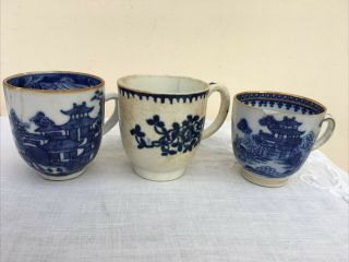 3 Antique Chinese Blue & White Porcelain Export Tea Cups - All A/f