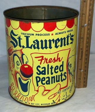 Antique St Laurents Salted Peanuts Tin Litho 4lb Can Bay City Mi Clown Circus