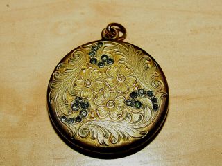Antique Vintage Signed H.  B.  Gold Fill Etched Locket Pendant With Sapphire Stones