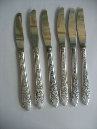 S/ 6 National Silver Co A1 8 3/8 " Grille Knives Rose & Leaf Pattern Silverplate