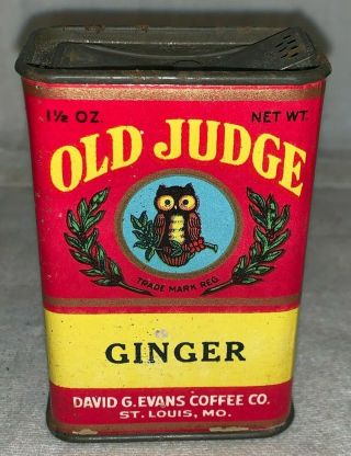 Antique Old Judge Owl Ginger Spice Tin David G Evans Coffee Co Can St Louis Mo